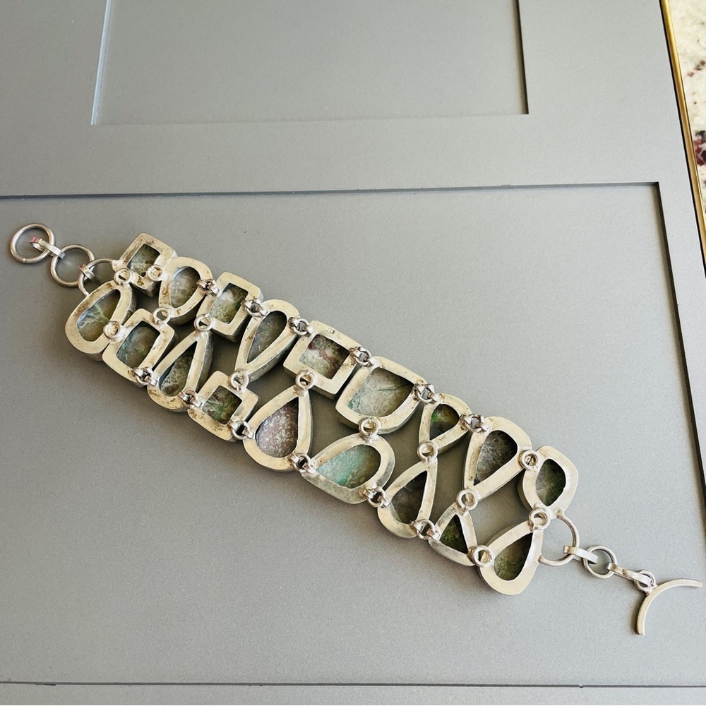 MASSIVE VARISCITE AGATE STERLING SILVER HUGE DOUBLE ROW TOGGLE CLASP BRA… - Picture 7 of 11